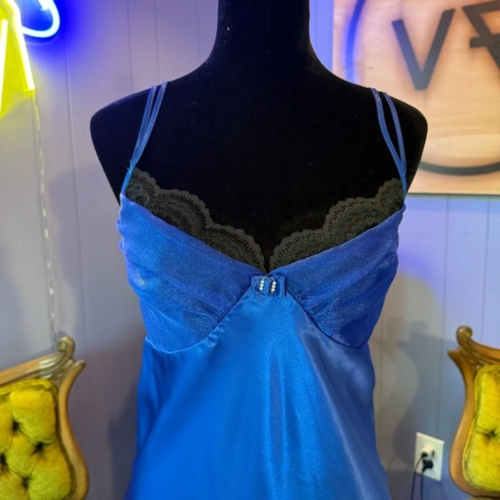NWT Vintage 90s Cobalt Blue Lingerie Slip Dress Size 10 - Picture 2 of 11